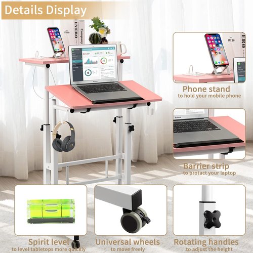 Hadulcet Mobile Standing Desk with Charging Station, Adjustable Standing Computer Desk, Standing Adjustable Laptop Cart with Wheels for Home Office Classroom, Pink