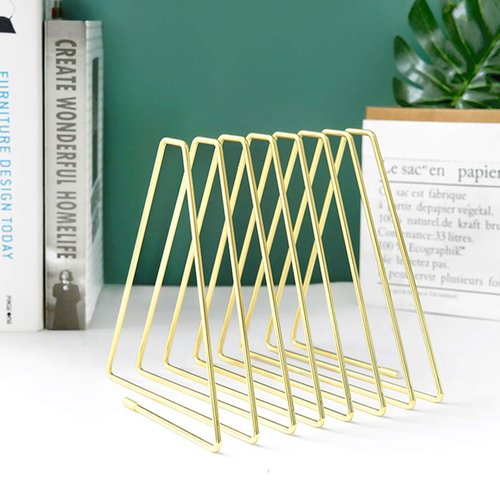 Mantouxixi Book Holder File Holder Stand Magazine Rack File Organizer, Metal Wire Desktop Book Organizer Bookshelf Rack,Adjustable Triangle Display Rack for Decoration Home Office- 7 Slots Gold