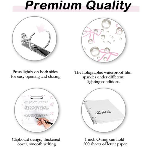 Etzul 3 Ring Binder 1 inch with Clipboard - White & Pink Bow Design, Includes Dividers, File Bag & Spine Label - Classic and Elegant for School or Work, Holographic Waterproof Film