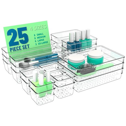 Yieach 25 Pc Clear Plastic Drawer Organizer Set,4 Sizes In Drawer Organizer Trays for Bathroom,Office,Kitchen Cabinet and Vanity Organizers,Desk Drawers Organizer Bin for Jewelry,Cosmetic,Utensil,Junk