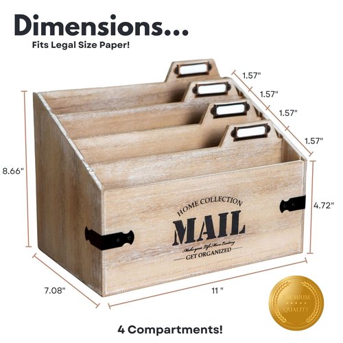 25DOL Mail Organizer XXL Desktop Mail Holder - Wooden Desk Organizer, File Holder and Mail Sorter - 7 x 10.8 Inch Letter Sorter - Rustic Desk Organizers and Accessories, File Folder