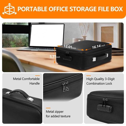 OUKMIC Fireproof Document Box with Lock, Hard Case Portable Water Resistant File Organizer, 16" x 12"x 6" Home Travel Office Safe Storage for Important Documents, Passports, Laptop, Black