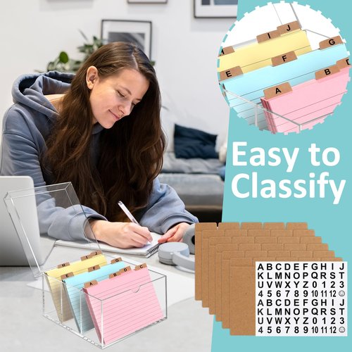 4x6 Index Card Holder Acrylic Index Card Organizer Clear Index Card Box Flash Card Holder with 5 Index Card Dividers Recipe Cards Holder Notecard Storage Box 150 Ruled Cards Stickers For Office Desk