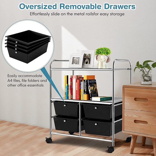 Hysache Rolling Storage Cart, Utility Organizer Cart w/ 4 Drawer 2 Shelves Trolley, Metal Frame, Plastic Storage Drawers on Wheels for School Office Home, Multifunction Organizer (Black)