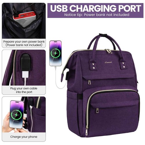 LOVEVOOK Laptop Backpack for Women,18 Inch Professional Womens Travel Backpack Purse Computer Laptop Bag Nurse Teacher Backpack,Waterproof Work Bags Carry on Back Pack with USB Port,Dark Purple