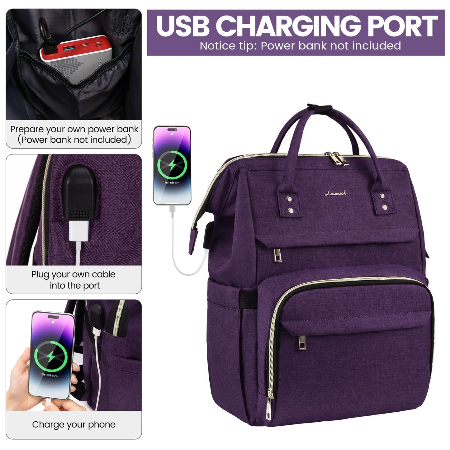 LOVEVOOK Laptop Backpack for Women,15.6 Inch Professional Womens Travel Backpack Purse Computer Laptop Bag Nurse Teacher Backpack,Waterproof Work Bags Carry on Back Pack with USB Port,Dark Purple
