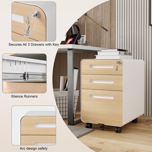 BouPower 3 Drawer File Cabinet for Home Office, Under Desk Mobile Filing Cabinet with Lock for A4/Letter/Legal Size, 5 Wheel Anti-Tilt Rolling File Cabinets, Fully Assembled (Except Casters)