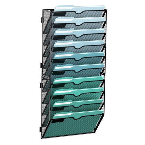 SUPEASY 10-Tier Wall File Organizer, Hanging Wall Files for Papers, Folders, Magazines, Wall Organizer for Clipboard, Assembly Needed, Black
