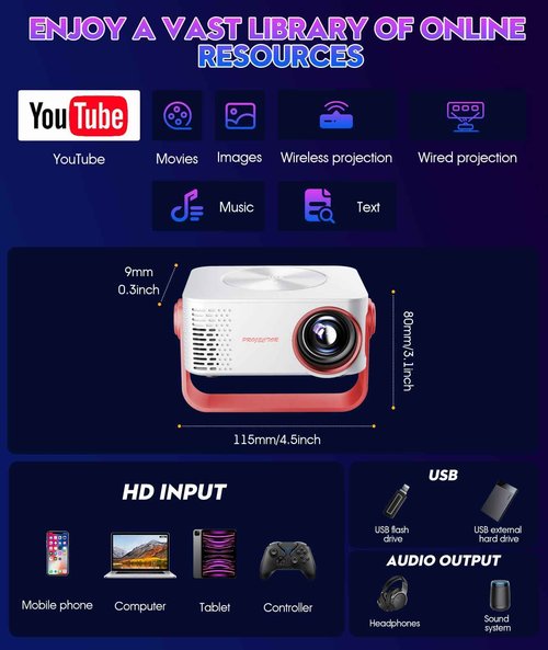 Irosiy Smart Mini Projector with WiFi and Bluetooth, Auto Focus & Keystone Portable Outdoor Projector, VOPLLS Native 1080P 4K Supported Home Movie Projector (White Red)