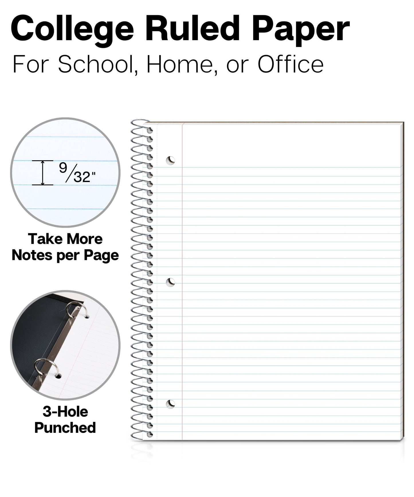 Dunwell College Ruled Spiral Notebook (Black), 1 Subject Notebook 8.5 x 11 for School, Plastic Cover, Pocket Divider, 100 Sheets (200 Pages), 3-Hole Punched Perforated 8 1/2 x 11 Paper