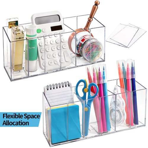 Hacaroa 2 Pack Acrylic Pen Holder 6 Compartments, Clear Makeup Brush Organizer with Removable Dividers, Acrylic Cosmetic Brush Holder for Eyebrow Pencils, Markers, Office Desk, Vanity