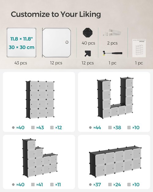 SONGMICS Cube Storage Organizer, Set of 12 Plastic Cubes, Closet Storage Shelves, DIY Plastic Closet Cabinet, Modular Bookcase, Shelving with Doors for Bedroom, Living Room, Black and White ULPC34HV1