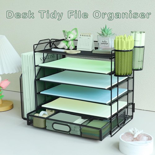 6 Tier Desk File Organiser with Extra Vertical File Sorter, Paper Letter Tray with Top Stationery Drawer Holder, A4 Paper Desktop Filing Trays, Magazine Document Holder for Home Office, Black