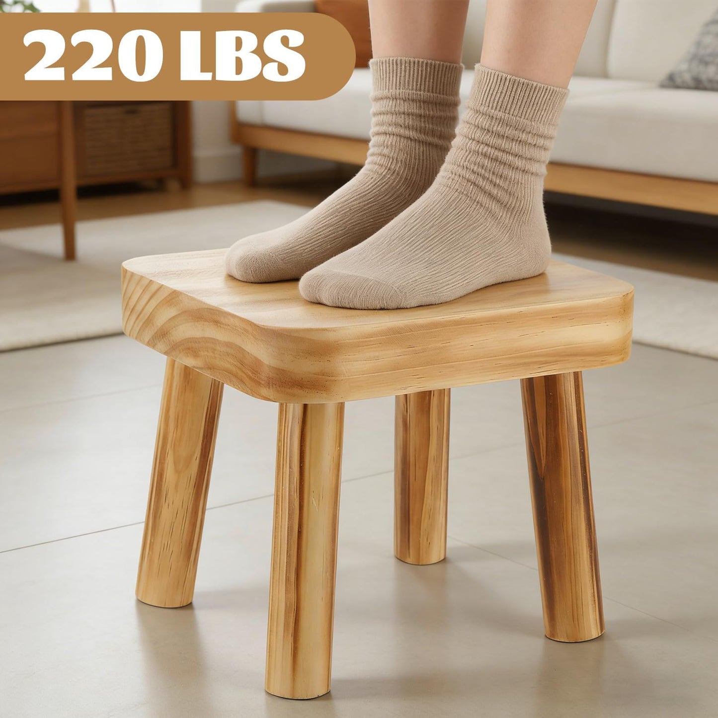 Oungy 8 Inch Wooden Step Stool, Small Step Stool for Adults with Detachable Legs, Pine Wood Stool with Non-Slip Foot Pads, One Step Stool for Kitchen Bathroom Bedroom & Bedside 220 lbs