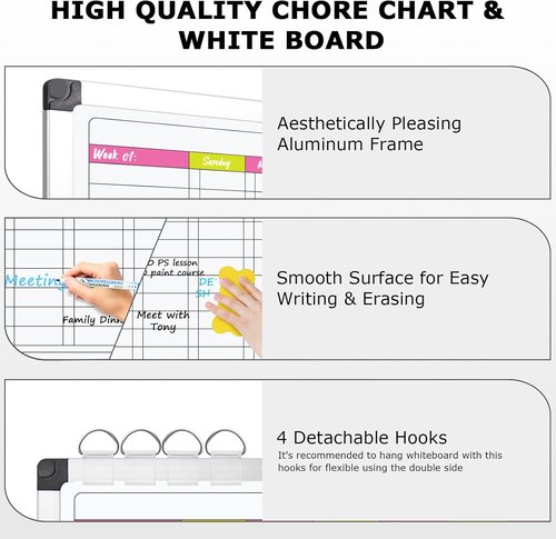 EAONE Magnetic Dry Erase Chore Chart - Double-Sided Weekly Calendar for Kids & Adults | 16 x 12 in, Aluminum Frame, 8 Markers, 4 Magnets & Eraser