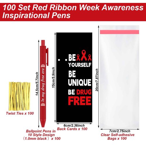 Sayglossy 100 Sets Red Ribbon Week Supplies Bulk Red Ribbon Awareness Pens & Bookmarks Set Drug Free Ballpoint Pen with Inspirational Bookmarks Accessories for Fundraising Charity Party Favors
