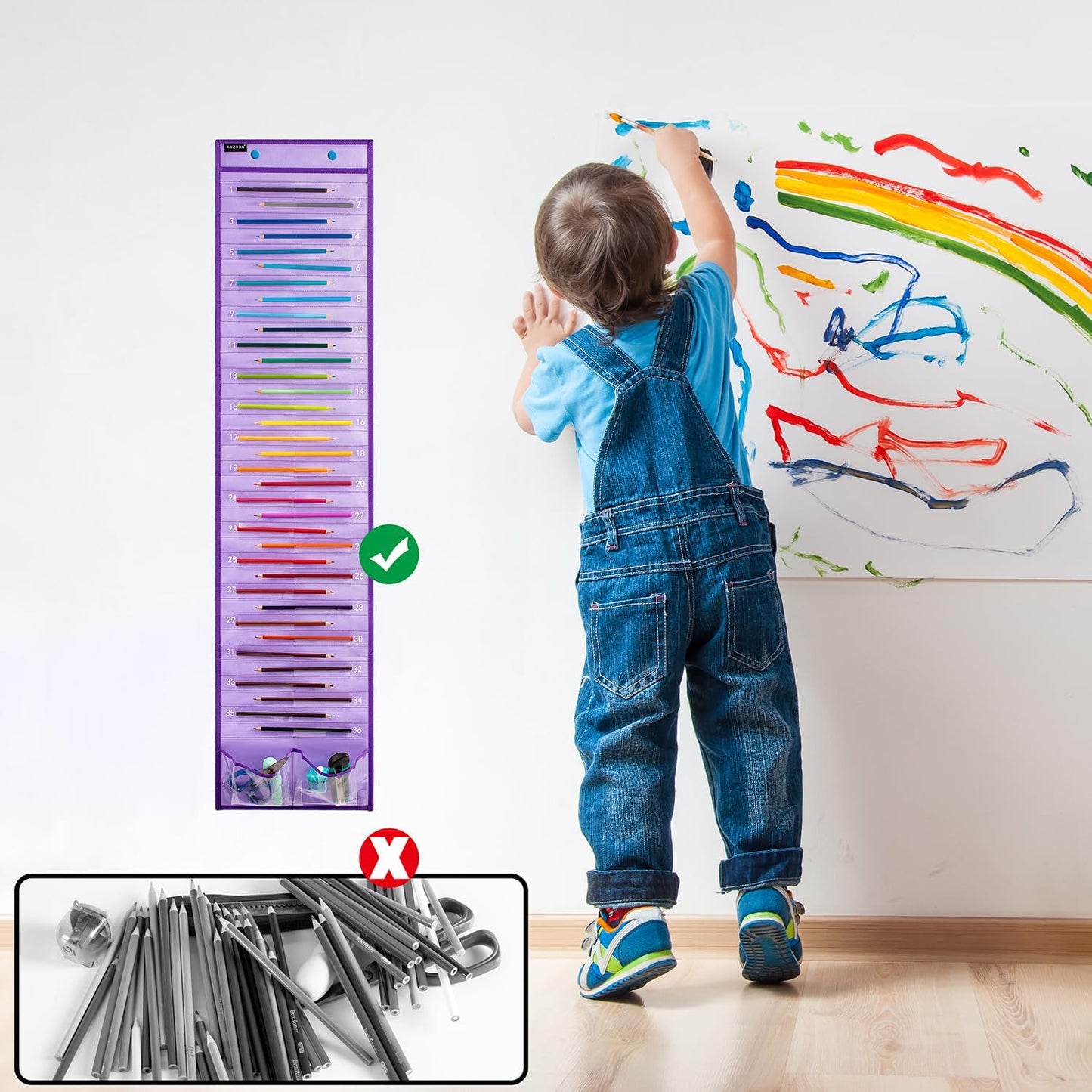 Skiennix Hanging Pencil Holder - Classroom Organizer with Numbered Pockets | 2 Pack - Purple