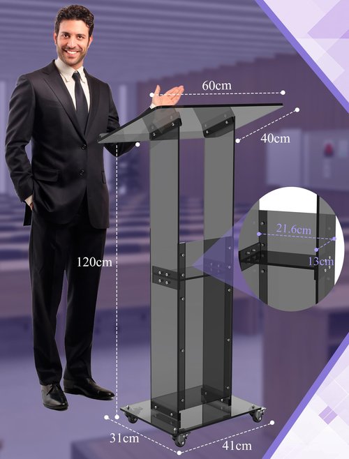 Acrylic Podium Stand with Lockable Wheels, 47" Black Podium Lectern Floor Standing Speaking Podium Modern Church Pulpit with Storage Shelf for Office Wedding School Speech Concert