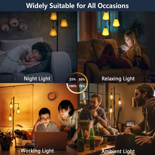 LTBLIGHT 68" Dimmable Floor Lamp - Industrial 3-Light Tree Design with Vintage LED Edison Bulbs, Adjustable Brightness for Living Room, Bedroom, Office (Black)