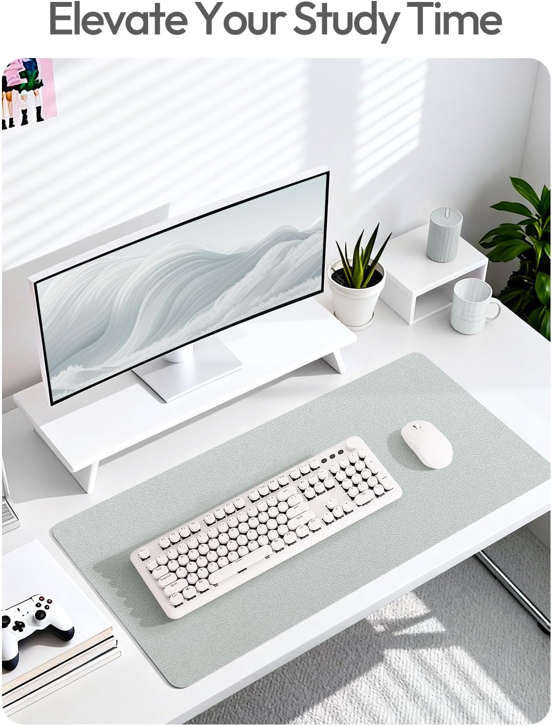 YSAGi Leather Desk Pad Protector - Large Non-Slip PU Leather Mat | Waterproof Writing Pad (Silver, 35.4" x 17")