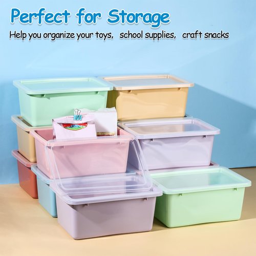 Outus 24 Pcs Plastic Small Cubby Bins with Lids Toy Storage Bins Classroom Storage Organizer Containers Books Bins With 15 Sheets Self Adhesive Labels for Classroom School Supplies(Macaron)