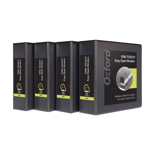 Oxford 3 Ring Binders, Binders for School and Office, 3 Inch ONE-Touch Easy Open D Rings, 3-Sided View Binder Covers, Xtralife Hinge, Non-Stick, PVC-Free, Black, 650-Sheet Capacity, 4 Pack (79914)