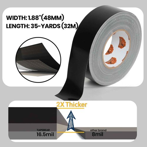 TAPEBEAR 12 Rolls Duct Tape Heavy Duty Waterproof 1.88" x 35 Yards, 16.5mil Thick Strong Tape, UV Resistant, All-Weather, No Residue, Super Strength for Industrial Use Indoor Outdoor Repairs, Black