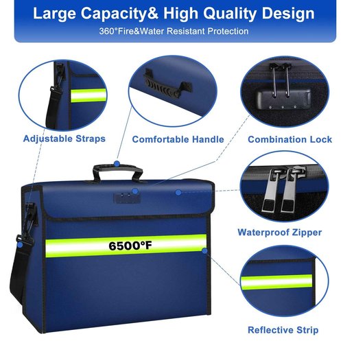6500°F Large Fireproof Document Organizer with Lock,Upgraded 10 Layers Heat Insulated＆Waterproof Zipper,Removable Folder Layers/Wallet,Portable Home Travel Storage for Documents(16.5x12.4x5.5 inches)