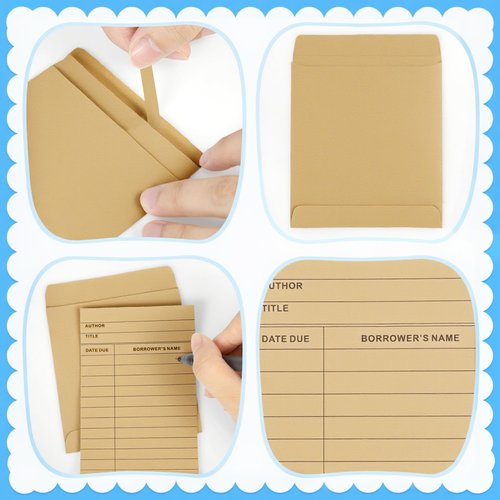 100Pcs Vintage Library Pockets and Cards, Brown Library Check out Cards Library Card Pocket Envelopes for School Office Public Library Books
