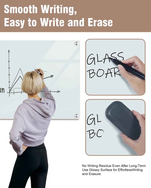 Mifuro Magnetic Glass Whiteboard，36"x24" Wall Mounted Frameless Dry Erase Board for Office, Home & School White