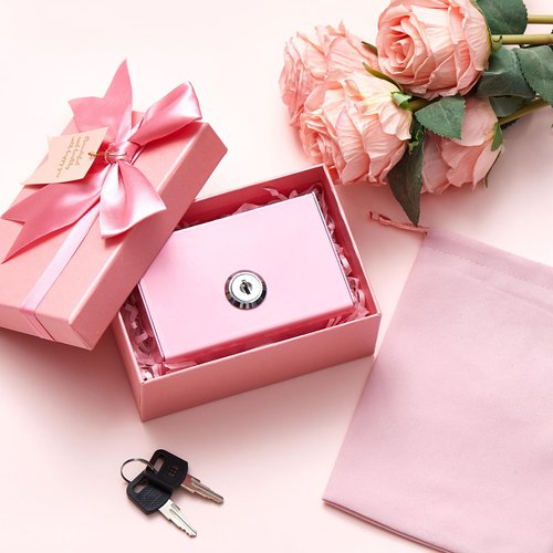 CroBlissful 3 Pcs Pink Metal Cash Box for Money Savers Large Slot with 2 Keys and Storage Bag Gift Box, Casino Portable Cash Organizer Pocket Sized Gifts Stops Addictive Urges to Casino Lovers