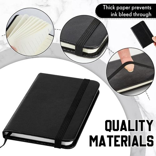 Qeeenar Mini Black Leather Pocket Notebooks - 10 Pcs, 4 x 2.5 Inch, 50 Sheets Lined for Writing