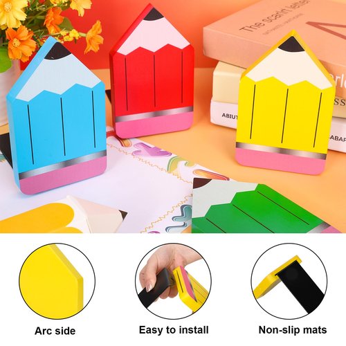 FYSUIMU 4Pcs Back to School Wood Bookends Colorful Pencil Shape Wooden Book Stands Chic Non Skid Book Stoppers for Heavy Books Home School Office Library
