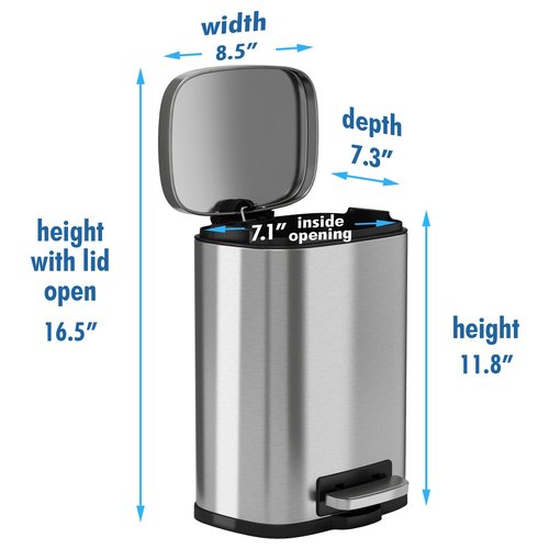 iTouchless SoftStep 1.32 Gallon Small Step Pedal Trash Can, Stainless Steel, 5 Liter Bathroom Garbage Bin, Removable Inner Bucket, Soft and Silent Open and Close