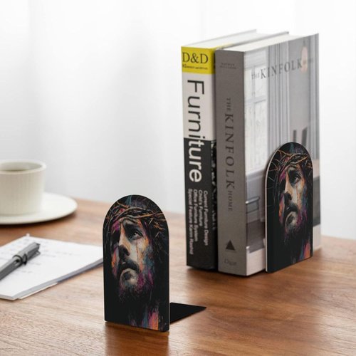 Jesus with Crown of Thorns Bookends for Shelves 2 Pcs Wooden Book Stopper Organizer for Home Office Libraries