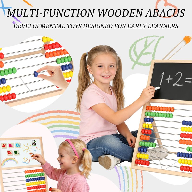 Sariiraw Wooden Abacus for Kids Math – Double-Sided Drawing Board with 100 Counting Sticks, 3 Sets Cards, Clock & Accessories, Educational Learning Toy for Ages 3-8, Homeschool & Preschool Essentials