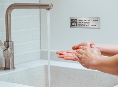 (4 Pack) Employees Must Wash Hands Sign, Self-Adhesive Metal Signage for Bathroom Office, Waterproof Aluminum Signs for Indoor Outdoor (9x3, Brushed Aluminum)