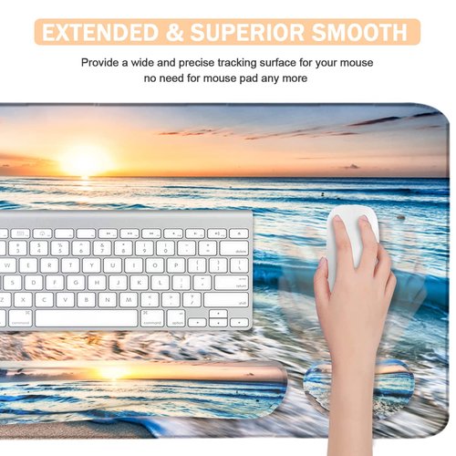 4-in-1 Large Gaming Mouse Pad, Keyboard Wrist Rest Pad & Wrist Support Mousepad Set, Extended Desk Pad Waterproof Desk Mat for Home Office Study Game-Beach