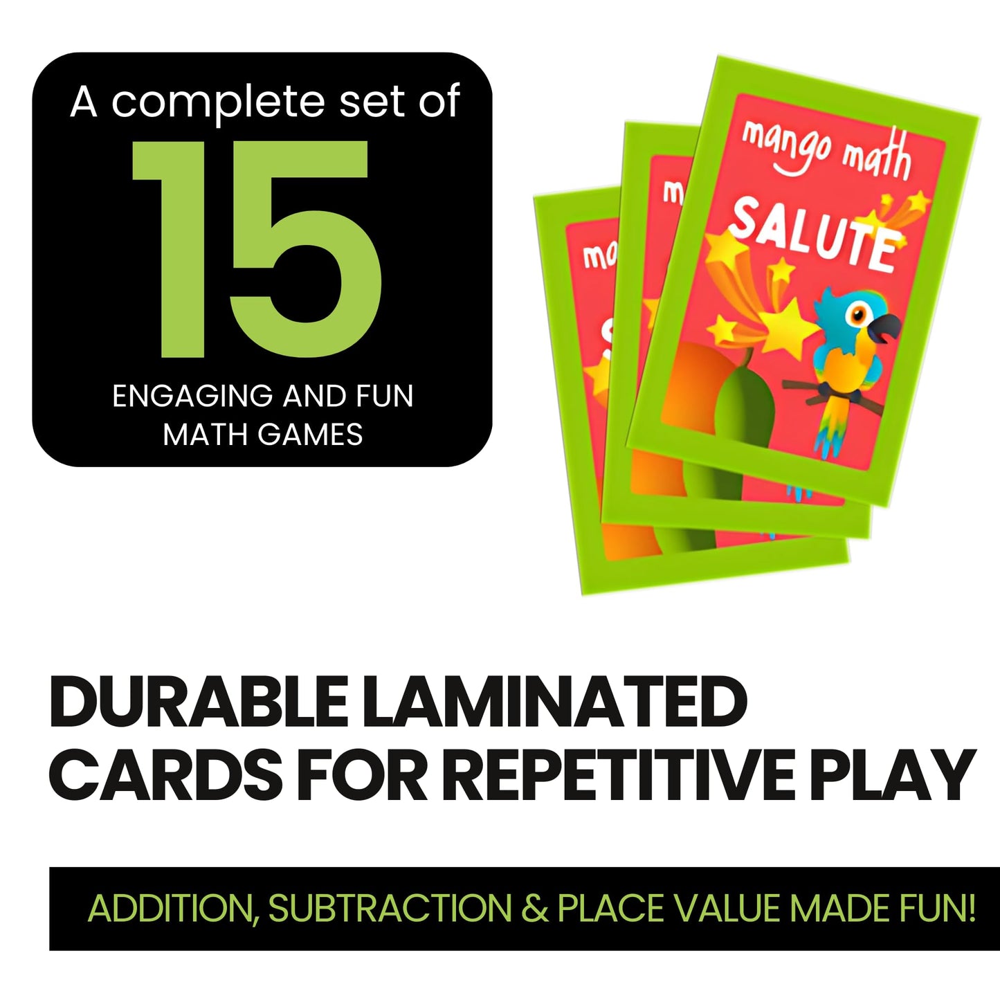MANGO Math 15® - Math Flash Cards - Educational Math Games for Kids - Addition, Subtraction, Place Value Play & Learning Kit -2nd 3rd 4th Grades - Kids 6-12 - Set of 15 Games - English Version