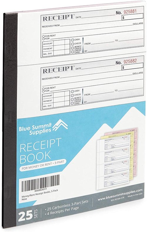 Blue Summit Money Rent Receipt Book with Carbon Copies, Receipt Books 3 Part Carbonless for Landlords, Small Business, and Payments, Paper Triplicate Copies, 11x7.5'',100 per Book, 500 Total, 5 Pack,