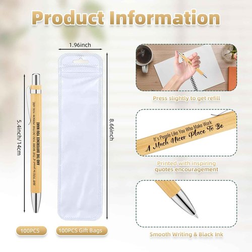 200 Pcs Employee Appreciation Gifts Pens Bulk - 100 Inspirational Ballpoint Pens & 100 Bags, Perfect Thank You Gifts for Staff, Teacher, Nurse,Volunteer,Office Supplies for Coworkers, School & Team