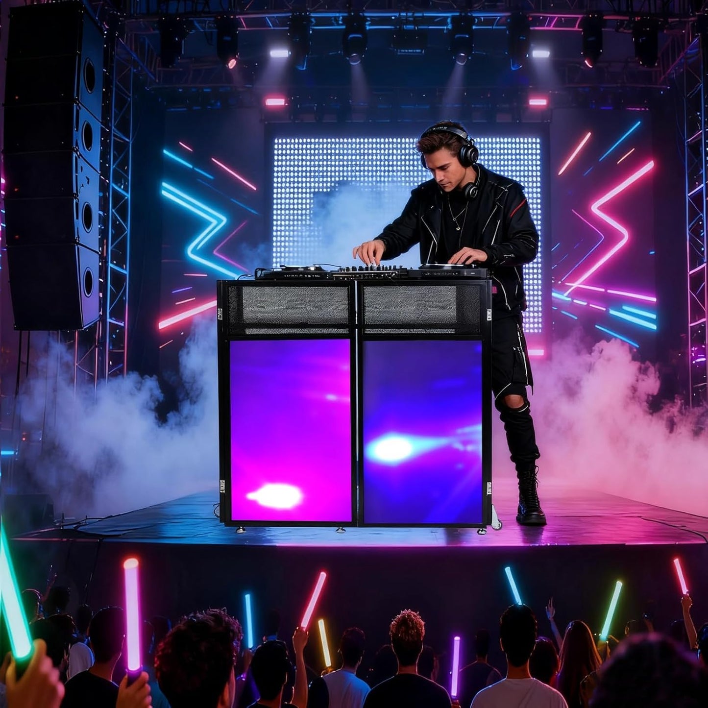 Skiennix DJ Booth - Upgraded Portable 44x20x50 Inch Facade with Wheels & Replaceable Scrims | Ideal for Events & Weddings