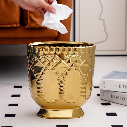TCQMSS Modern Golden Trash Can, Ceramic Waste Container Garbage Receptacle Bin for Bathrooms, Powder Rooms, Kitchens - Stylish Wastebasket Garbage Can for Home & Office