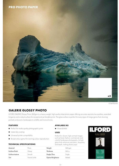 ILFORD Galerie 13x19” (25 sheets) Glossy Photo with high-gloss smooth surface, Instant Dry Archival Photo Inkjet Paper 10mil / 260gsm for Dye and Pigment ink printers, Made in Germany