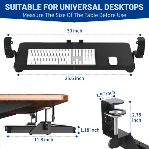 PiomuDek Keyboard Tray Under Desk Slide, 25.6"(30” Including Clamps) x 11.8" Height Adjustable Slide-Out Keyboard Drawer with C Clamp, Ergonomic Pull Out Platform Computer Drawer for Typing, Black