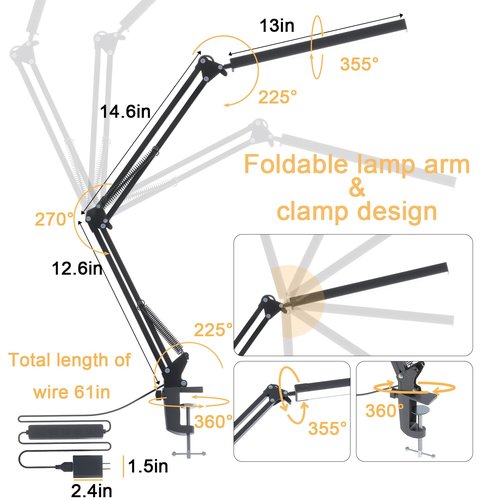 TROPICALTREE LED Desk Lamp for Home Office, Clamp-On with 5 Light Modes & Auto Shut Off | 14W Adjustable Brightness 5000K Eye-Caring Lighting for Study/Bedroom/Computer Desk