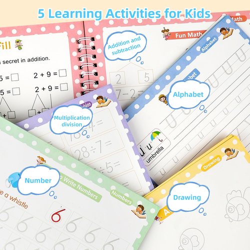 LUCKFUTURE Complete Handwriting Practice for Kids, Grooved Writing Book Magic Copybook, Reusable Writing Practice Calligraphy Workbook, Kindergarten Preschool Learning Activities(Set of 5 books)