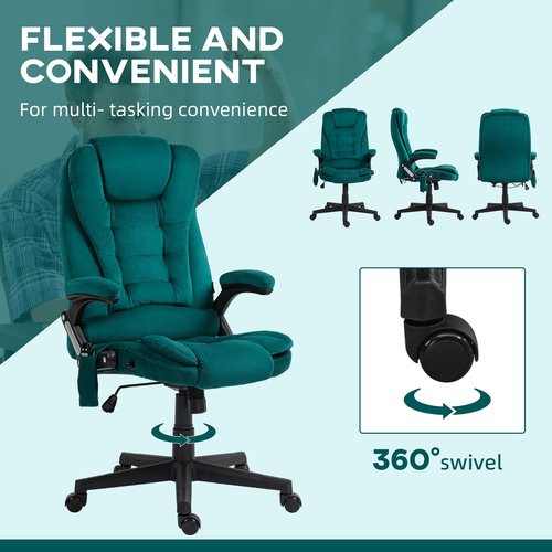 HOMCOM 6 Point Vibrating Massage Office Chair with Heat, Velvet High Back Executive Office Chair with Reclining Backrest, Padded Armrests and Remote, Dark Green