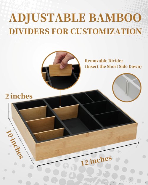 Hitseon Bamboo Desk Drawer Organizer Tray, Silicone Sturdy Junk Drawer Organizer with 10 Adjustable Compartments, Desk Organizers and Accessories with 4 Removable Dividers for Office Home (White)