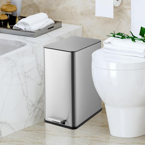 GarveeHome 4 Gallon Step Trash Can, 15 Liter Stainless Steel Rubbish Bin with Removable Inner Bucket, Rectangle Slim Garbage Can with Soft-Close Lid for Bathroom, Living Room, Office, Silver